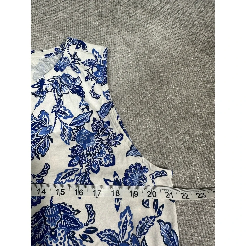 Lands End Dress Womens Large 14/16 Blue White Floral Cotton Flounce Tank Pockets - Picture 3 of 9